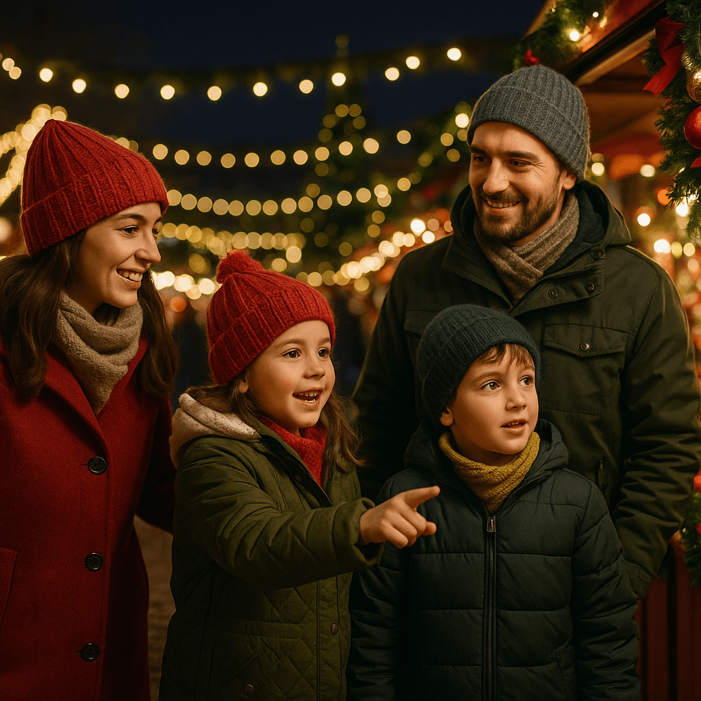 Familie românească la târg de Crăciun în Regatul Unit, seara, sub lumini festive