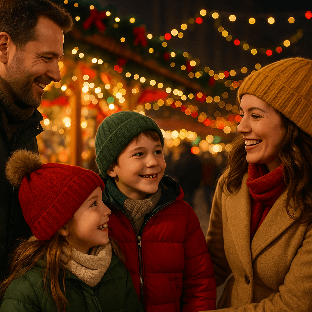 Familie românească vizitează un târg de Crăciun britanic decorat festiv