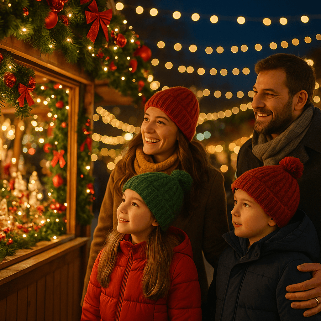 Familie românească vizitând o piață de Crăciun în Regatul Unit, seara, cu lumini festive și tarabe decorate