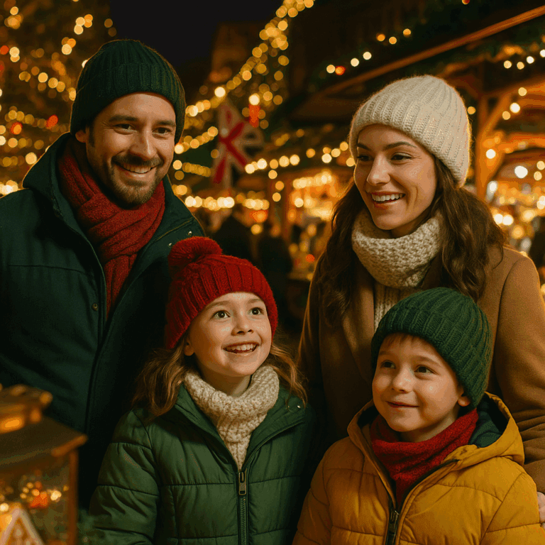 Familie românească vizitând o piață de Crăciun în Regatul Unit seara, cu lumini festive în fundal