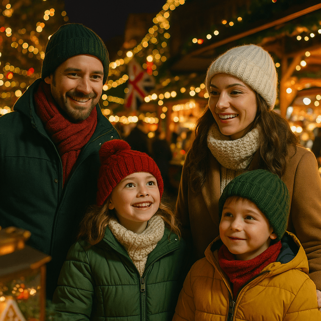 Familie românească vizitând o piață de Crăciun în Regatul Unit seara, cu lumini festive în fundal