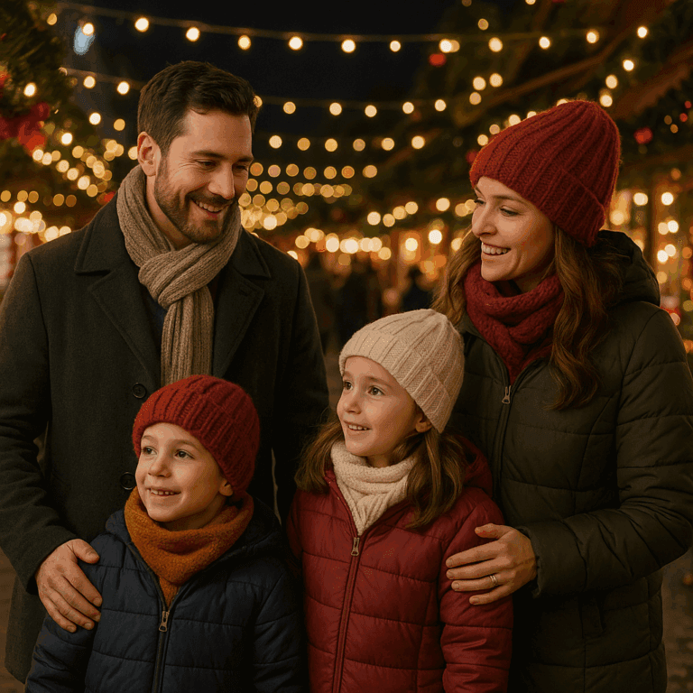 Familie românească vizitează un târg de Crăciun în Regatul Unit seara, luminat festiv