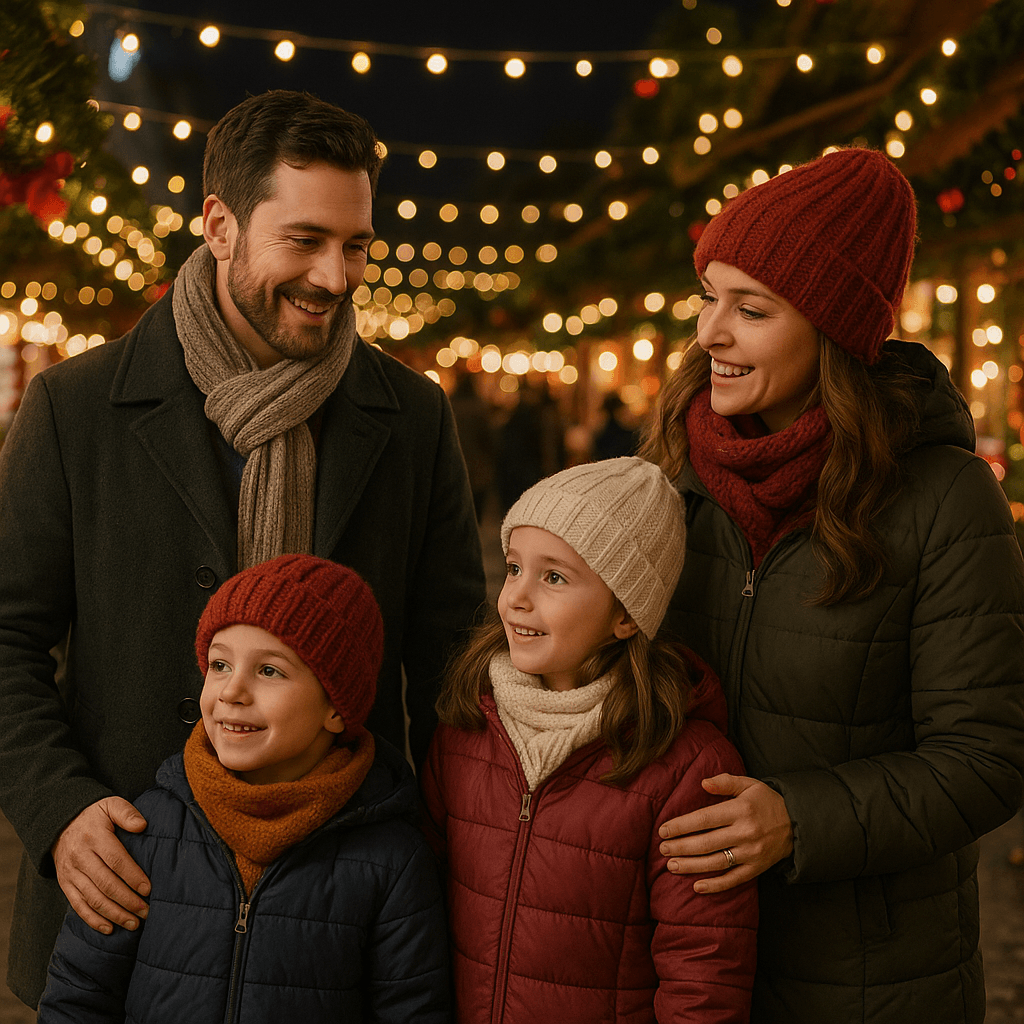 Familie românească vizitează un târg de Crăciun în Regatul Unit seara, luminat festiv