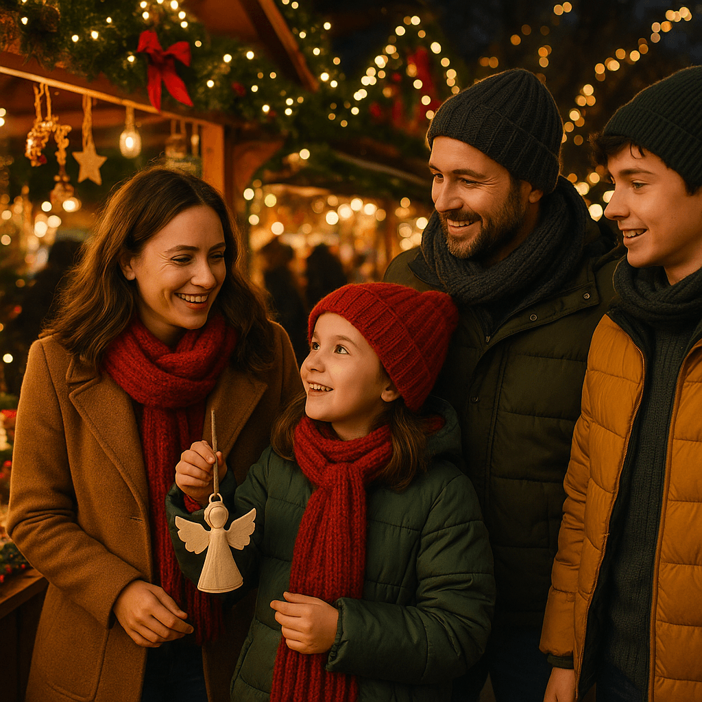 Familie românească vizitează un târg de Crăciun din Regatul Unit, seara, cu lumini festive și decoruri roșii, verzi și a