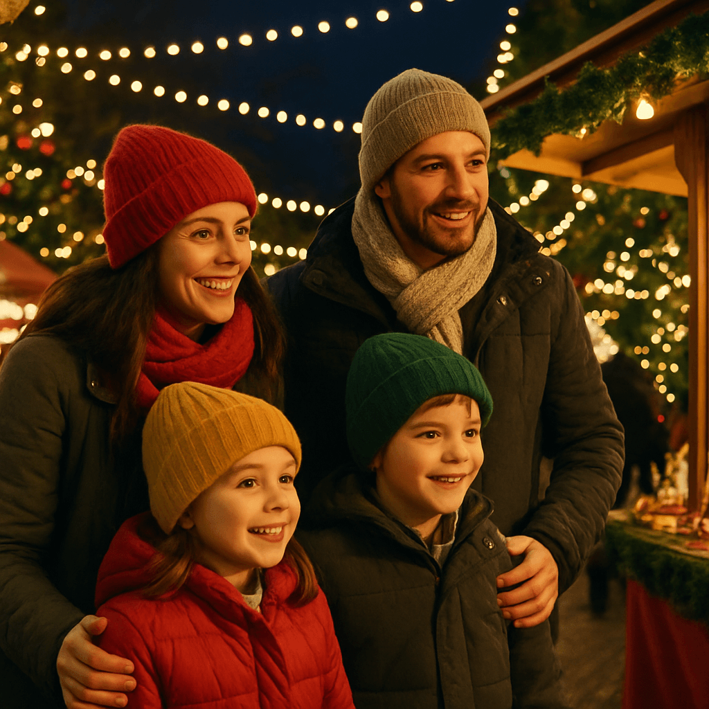 Familie română vizitează un târg de Crăciun din Regatul Unit seara, luminat festiv