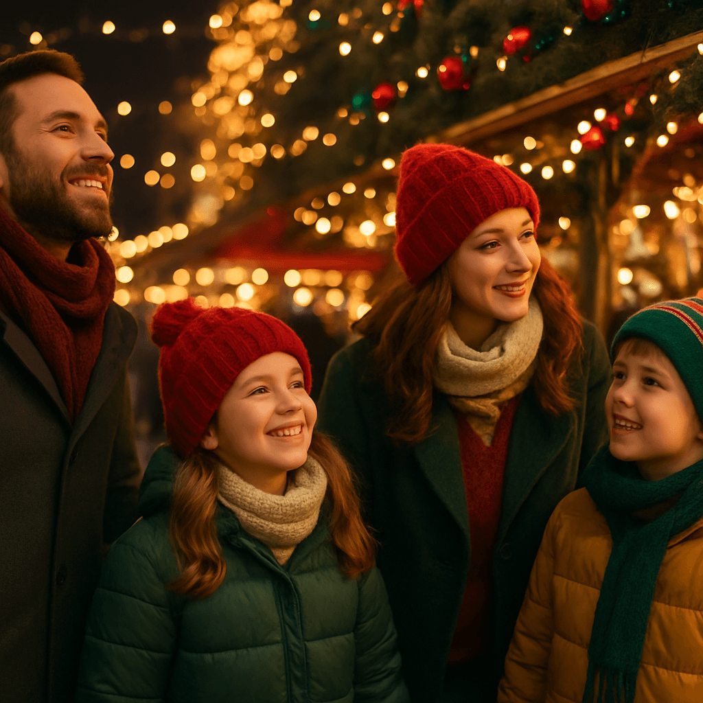 Familie română vizitează un târg de Crăciun în Regatul Unit seara, sub lumini festive
