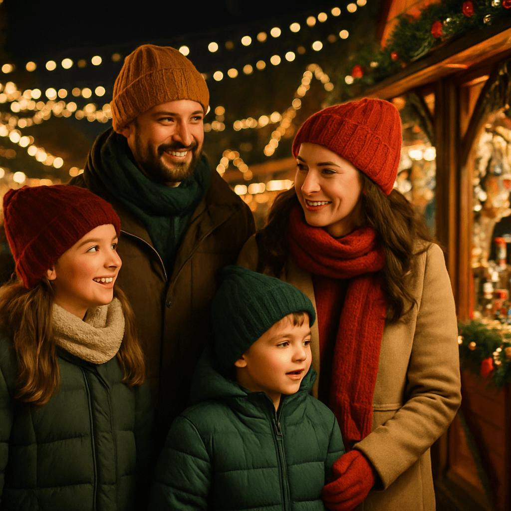 Familie română bucurându-se de un târg de Crăciun în Marea Britanie, seara, sub lumini festive