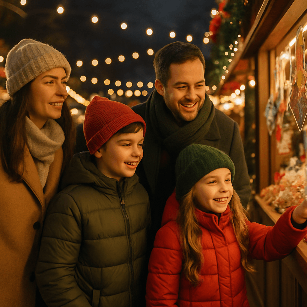 Familie românească vizitând un târg de Crăciun în Marea Britanie seara, lumini festive și atmosferă de sărbătoare