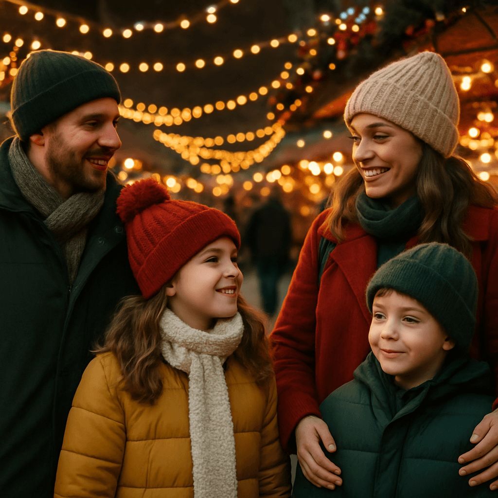 Familie română vizitează un târg de Crăciun din UK seara, sub lumini festive