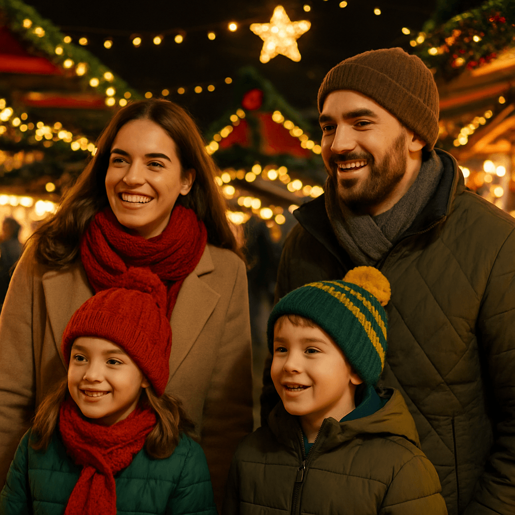 Familie românească la piață de Crăciun în Regatul Unit, seara, cu lumini festive