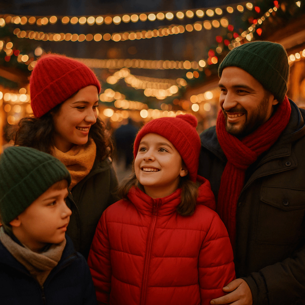 Familie română vizitează un târg de Crăciun în Regatul Unit seara