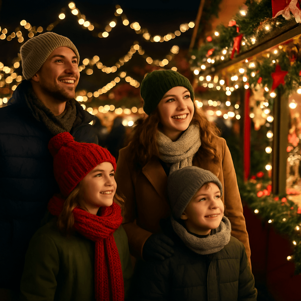 Familie românească la piața de Crăciun din Regatul Unit seara