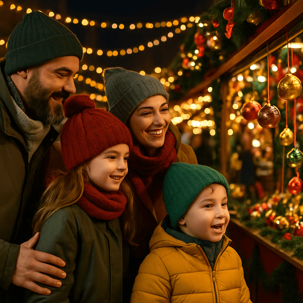 Familie românească la piață de Crăciun în Regatul Unit, seara