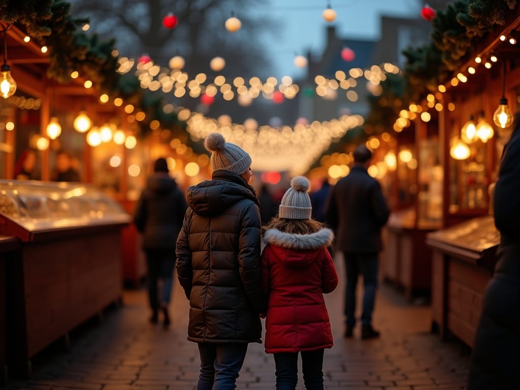 Familie românească vizitând o piață de Crăciun în UK seara, luminată festiv