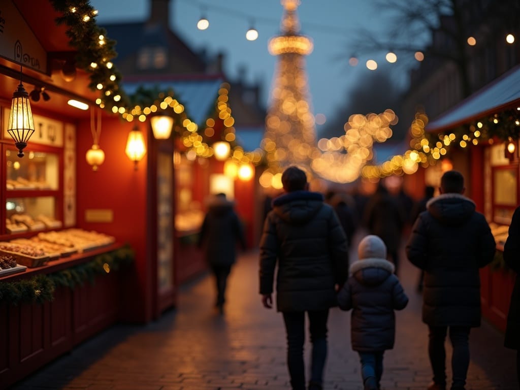 Familie românească vizitează o piață de Crăciun în Regatul Unit seara