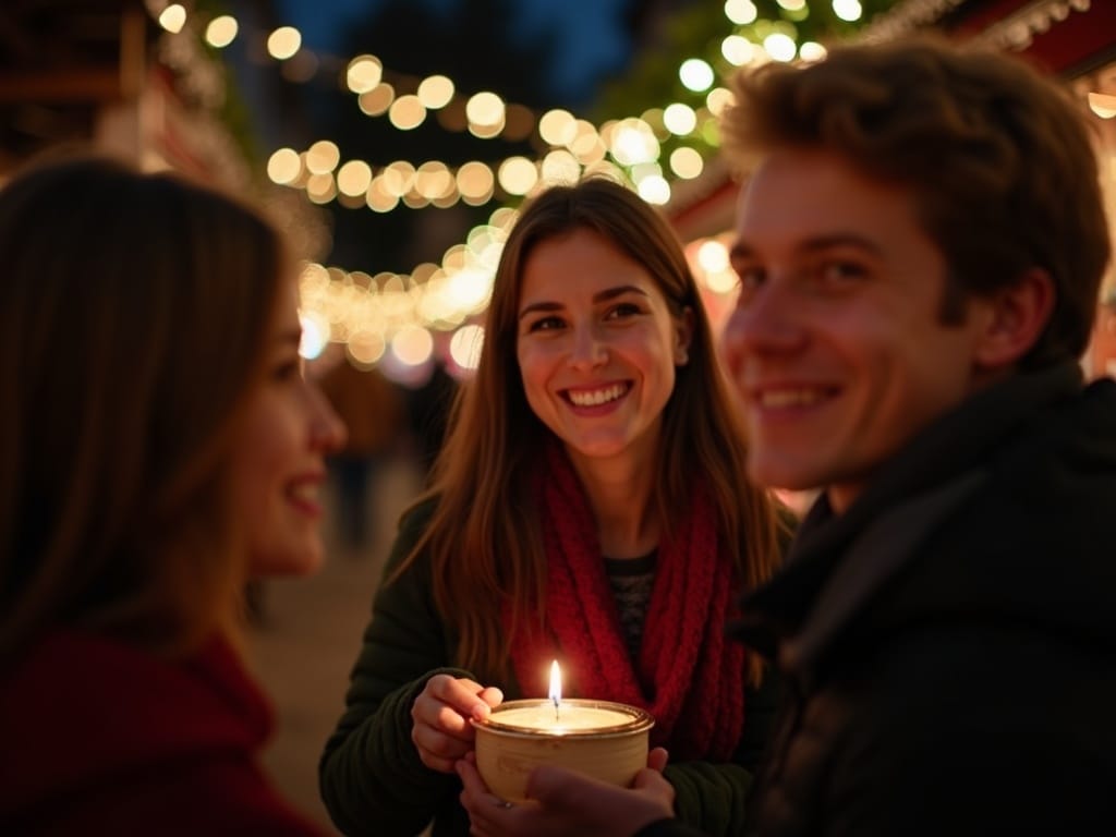 Familie românească bucurându-se de un târg de Crăciun festiv în Regatul Unit, seara, cu lumini colorate