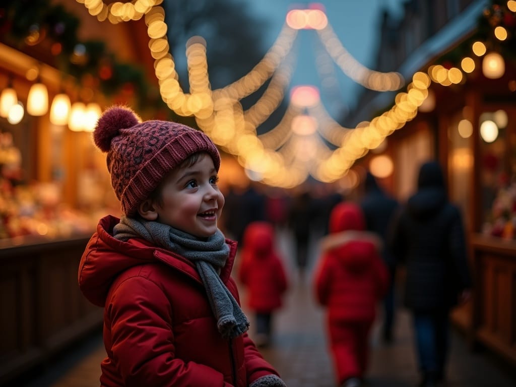 Familie vizitând târgul de Crăciun din Londra seara sub lumini festive