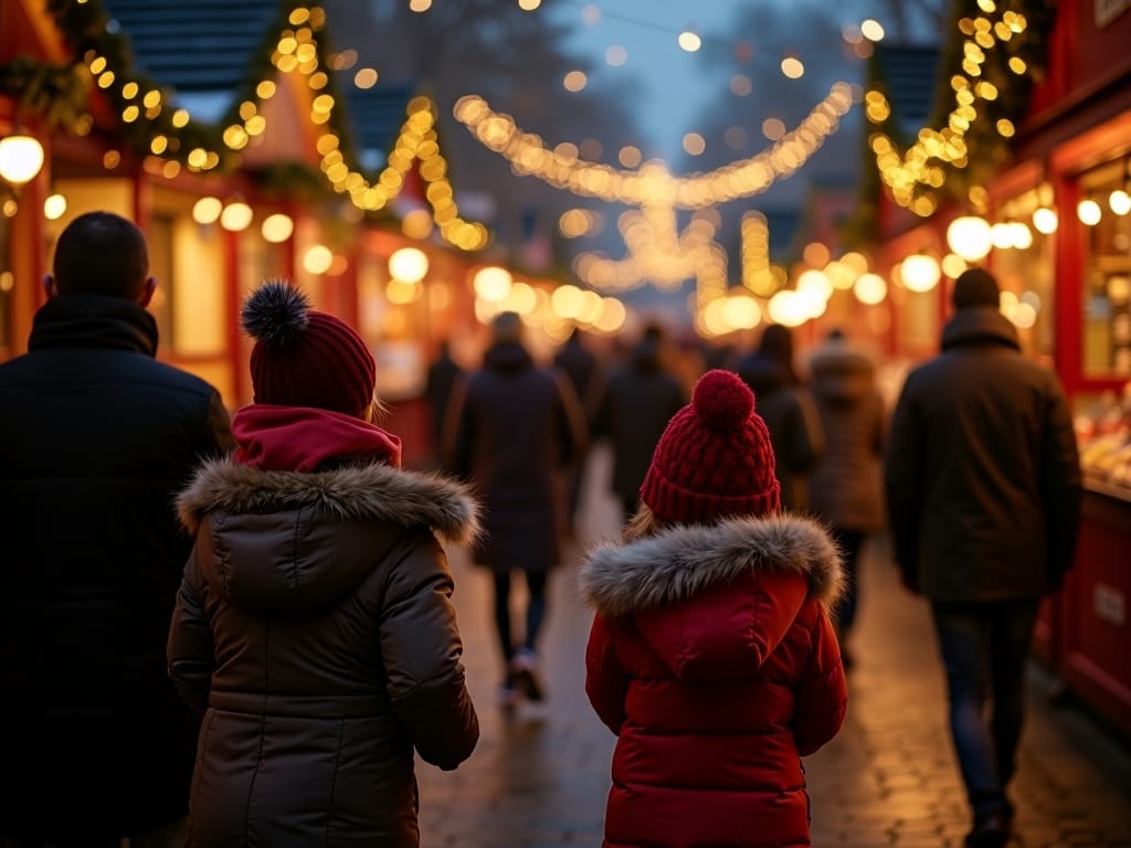 Familie vizitând un târg de Crăciun din Londra, seara, cu lumini festive