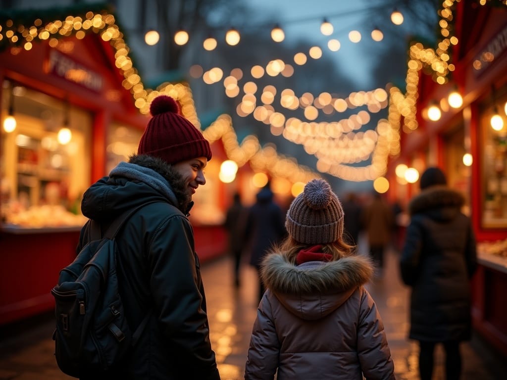 Familie la un târg de Crăciun din Londra, seara, cu lumini festive