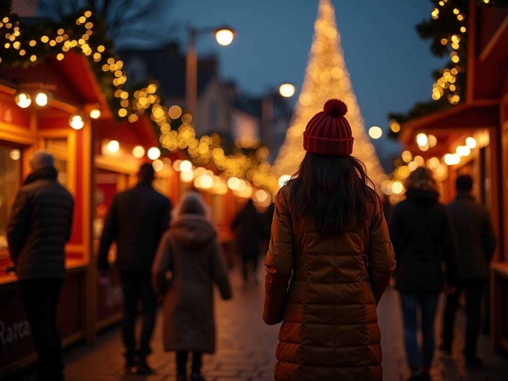 Familie românească vizitând un târg de Crăciun în Regatul Unit seara