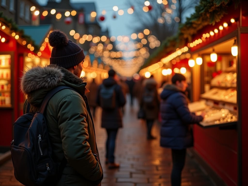 Familie vizitând un târg de Crăciun britanic, seara, sub lumini festive