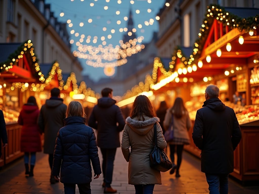 Familie românească vizitând un târg de Crăciun britanic seara, cu lumini festive