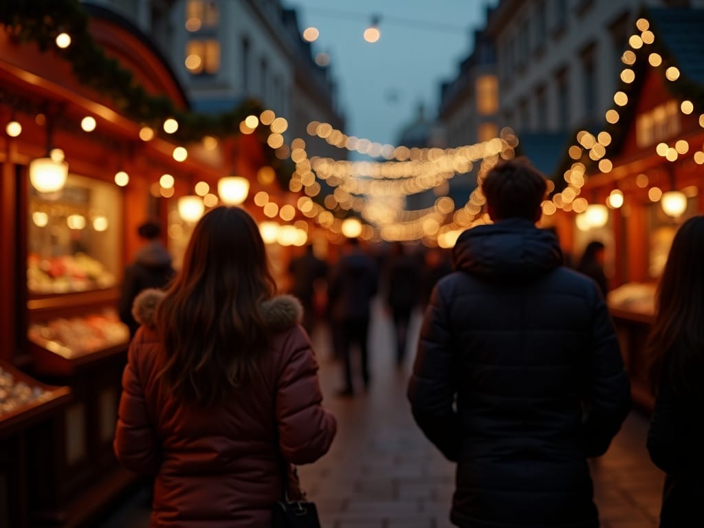 Familie vizitând un târg de Crăciun în Londra seara, luminat festiv