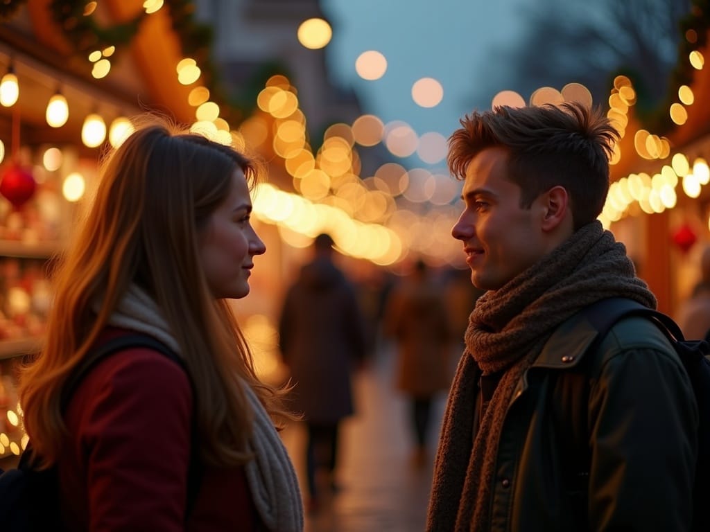 Familie română la piață de Crăciun în UK, seara, sub lumini festive