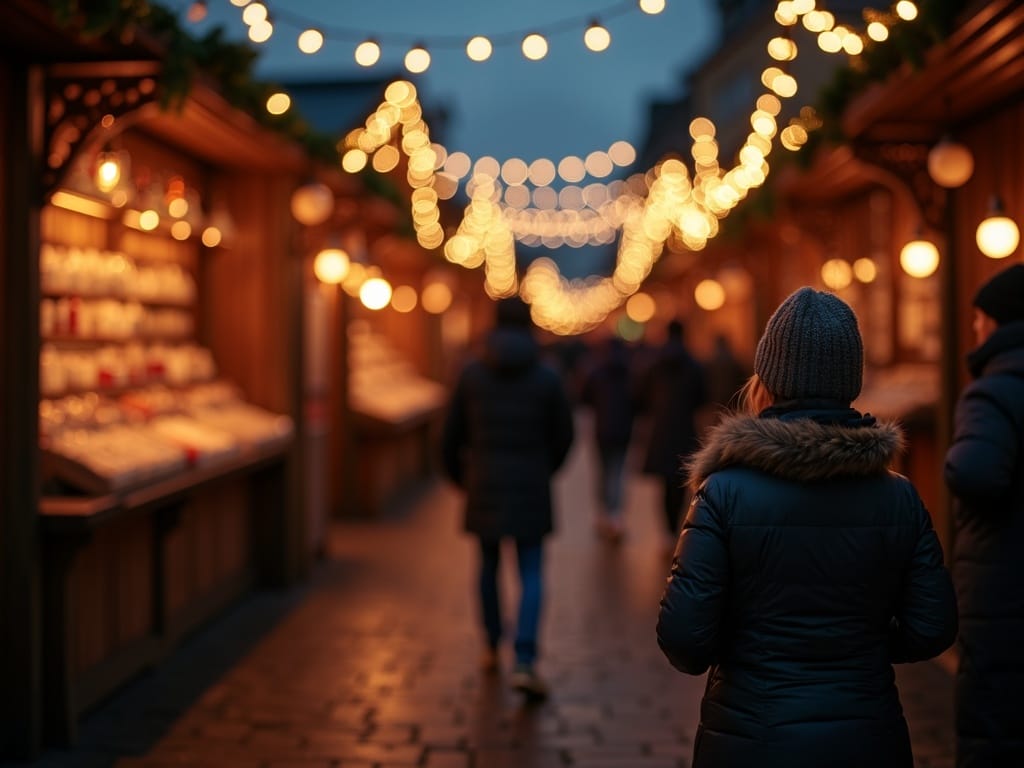 Familie românească vizitează o piață de Crăciun în UK seara, sub luminițe festive