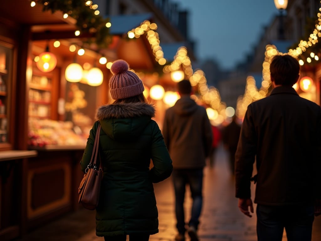 Familie românească la piață de Crăciun în Regatul Unit, seara, cu lumini festive