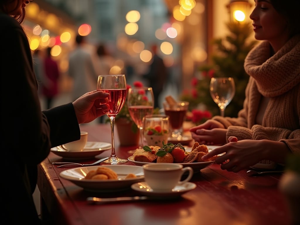 Familie românească la piața de Crăciun din UK, se bucură de lumini festive într-un târg în aer liber