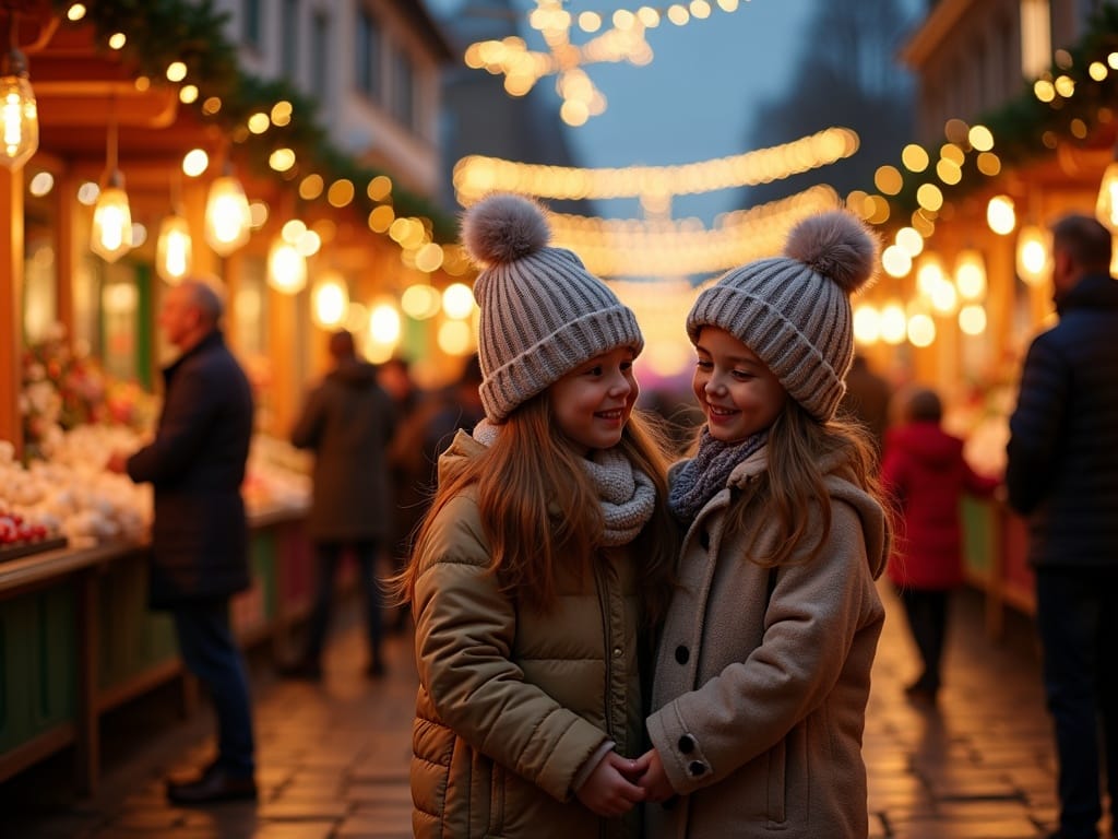 Familie vizitând o piață de Crăciun din UK seara, cu lumini festive