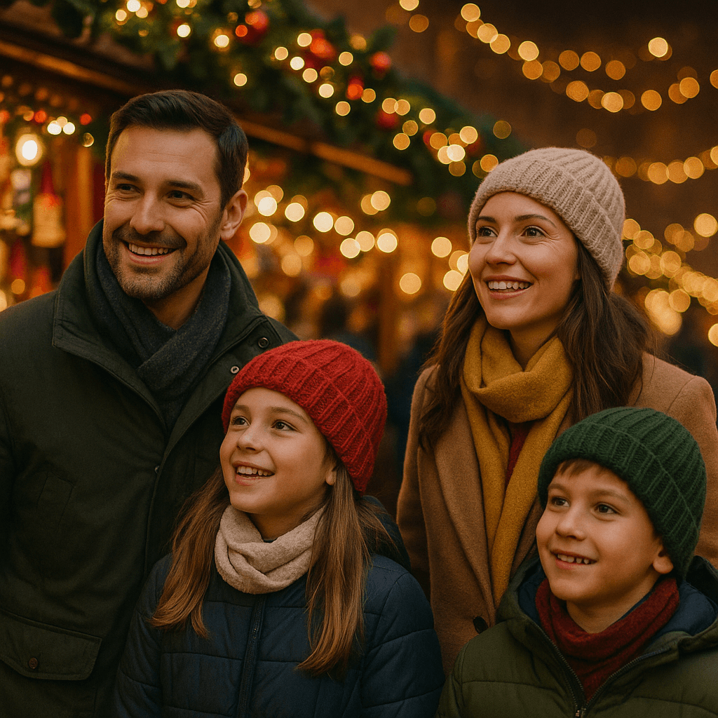 Familie românească vizitând un târg de Crăciun britanic seara, printre lumini festive