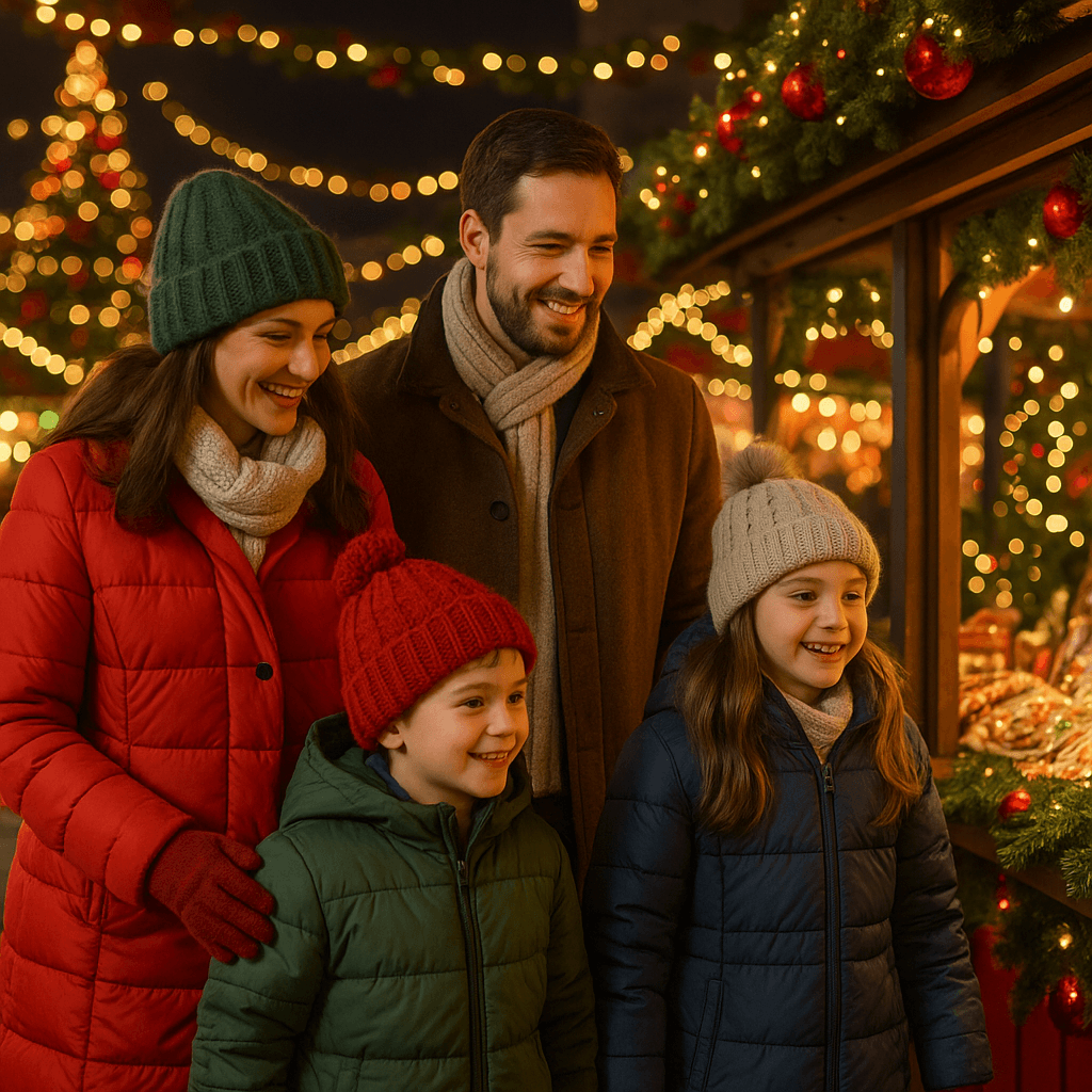 Familie română la piață de Crăciun în Regatul Unit, înconjurați de lumini festive