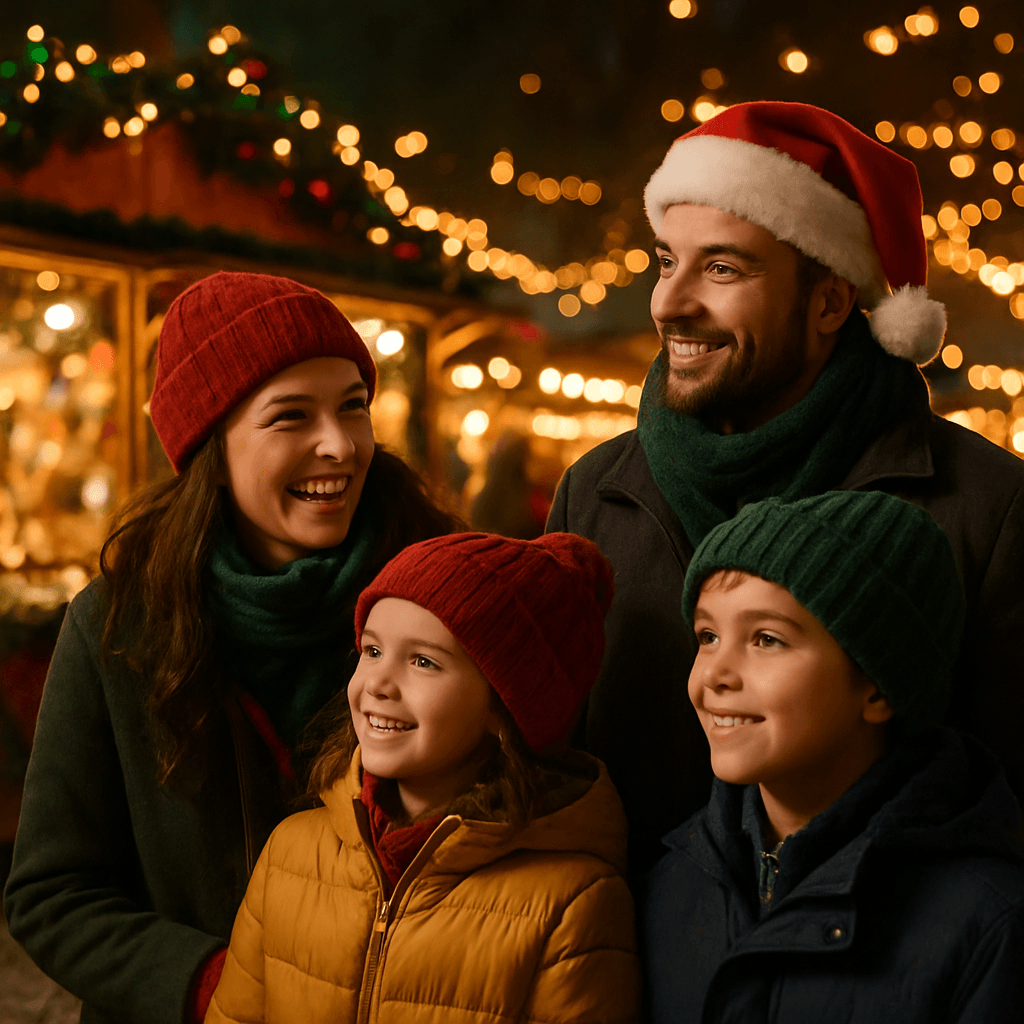 Familie românească la o piață de Crăciun din Regatul Unit, seara, sub lumini festive