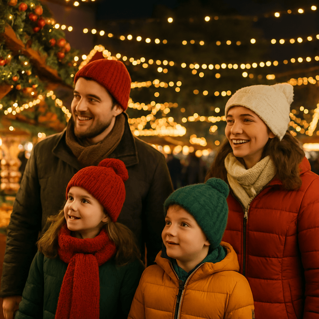 Familie românească la târgul de Crăciun din Regatul Unit, seara, cu lumini festive