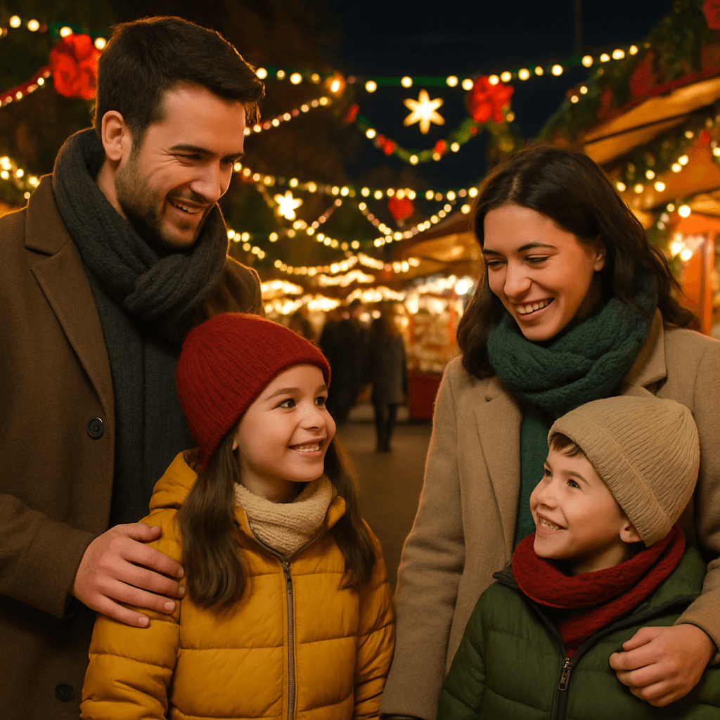 Familie din România vizitând o piață de Crăciun în Regatul Unit sub lumini festive