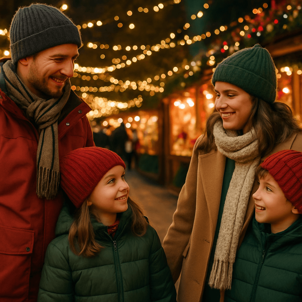 Familie românească vizitând un târg de Crăciun în Regatul Unit, sub lumini festive