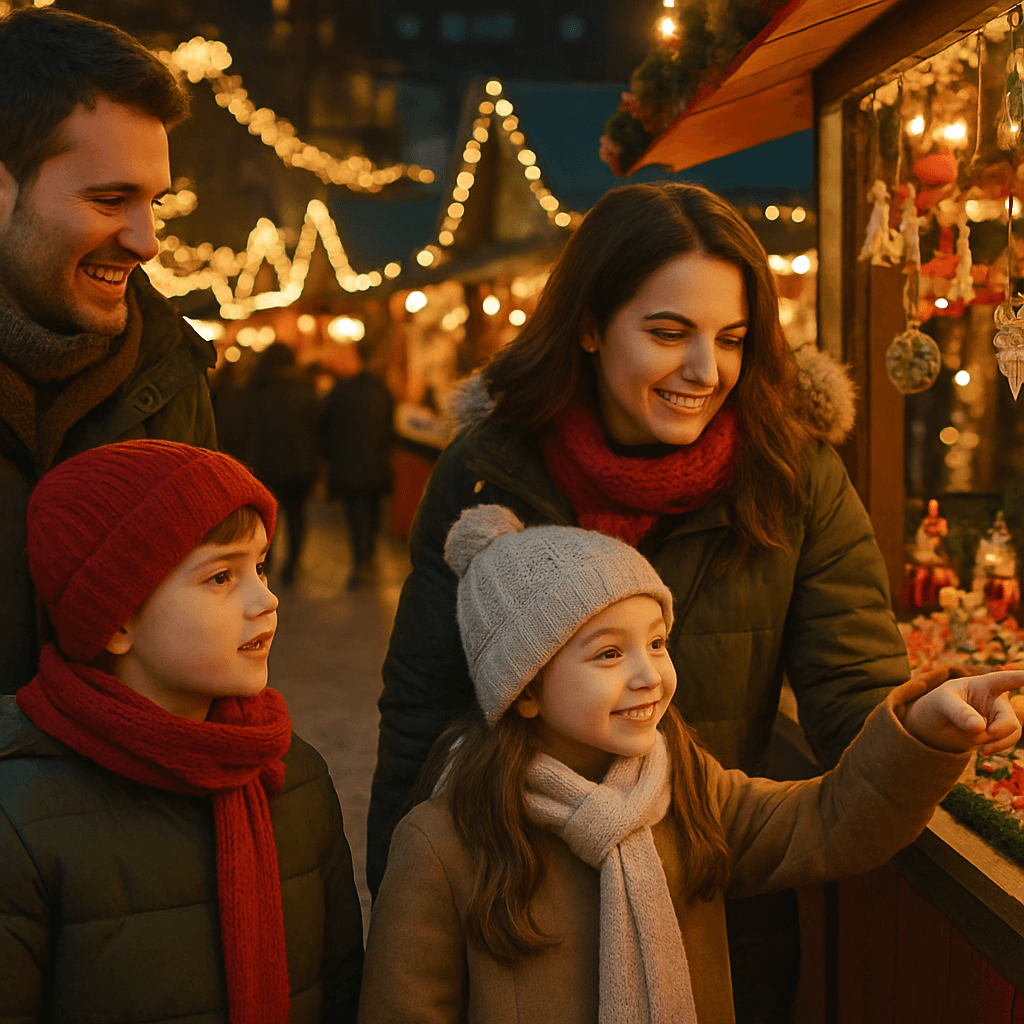 Familie românească la târg de Crăciun în Regatul Unit, seara, sub lumini festive