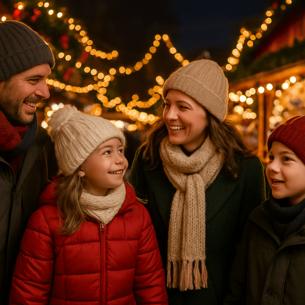 Familie românească vizitează un târg de Crăciun din Marea Britanie, seara, cu lumini festive
