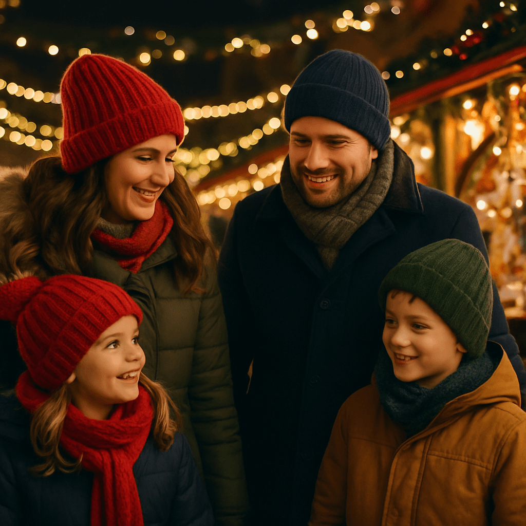 Familie românească bucurându-se de luminile de Crăciun la un târg britanic în aer liber, seară festivă