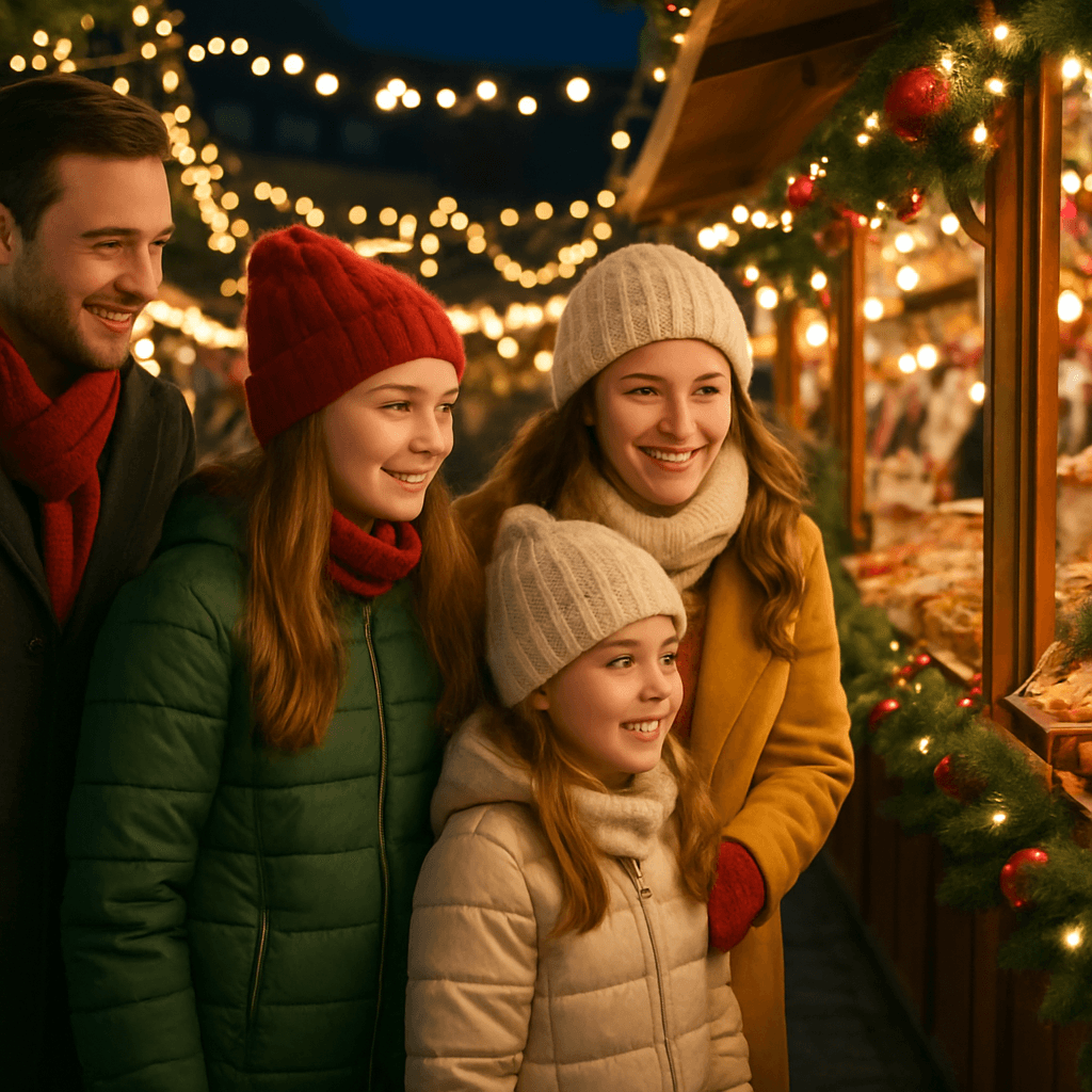 Familie românească bucurându-se de luminile unui târg de Crăciun în Regatul Unit, seara