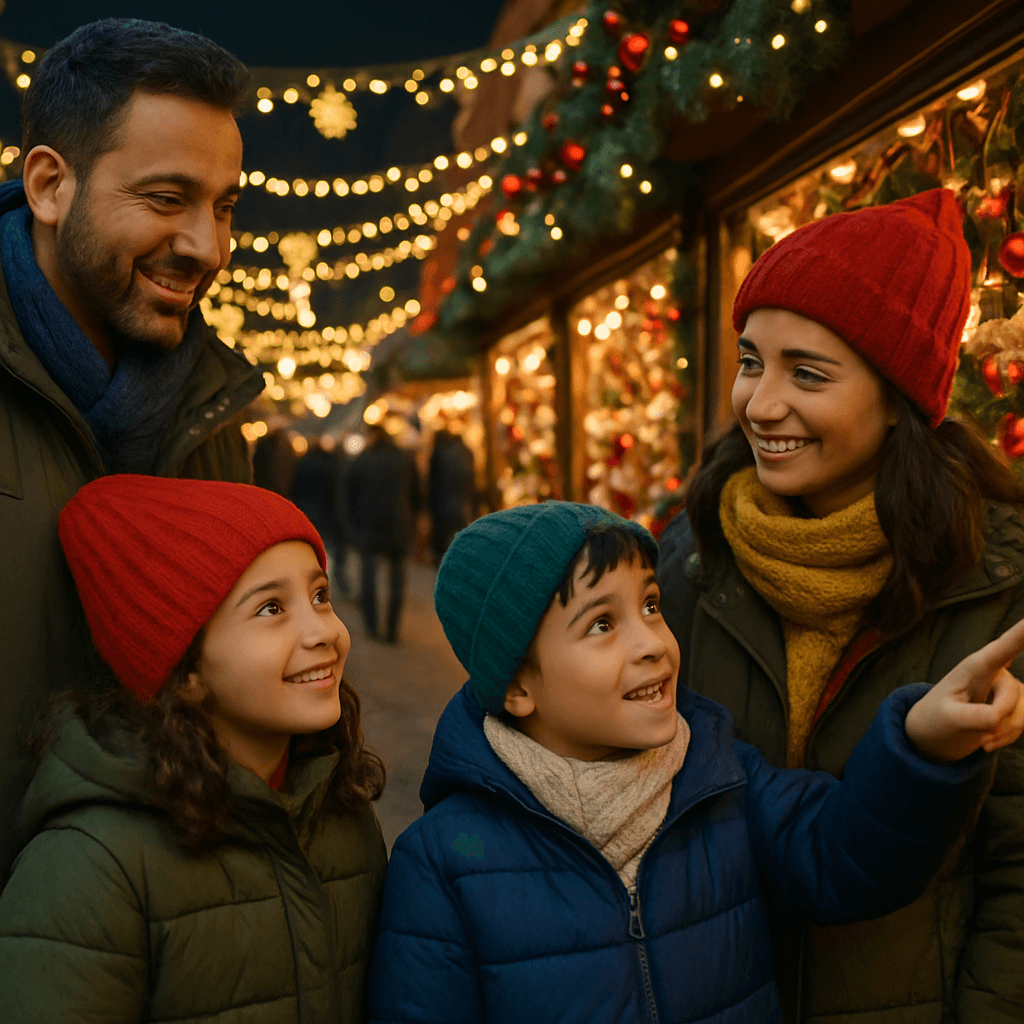 Familie românească la piața de Crăciun din Regatul Unit, înconjurată de lumini festive roșii, verzi și aurii