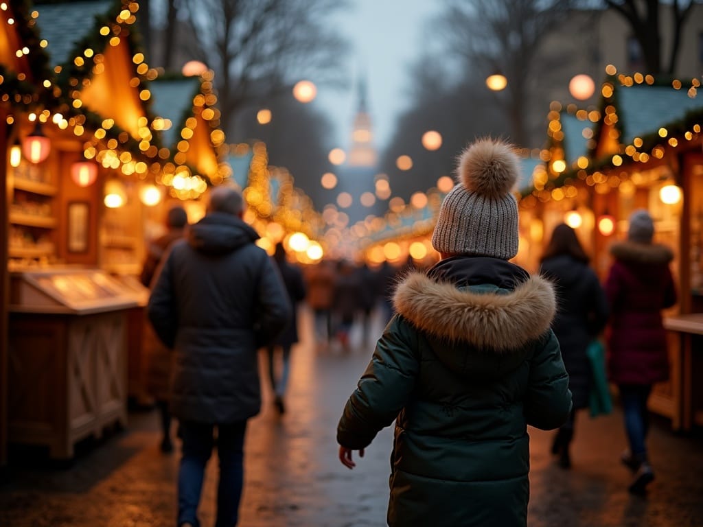 Familie românească vizitând o piață de Crăciun în Londra seara