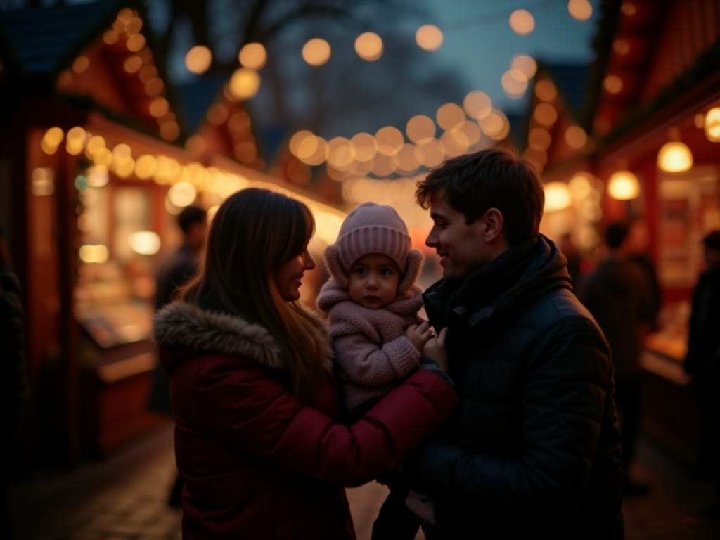 Familie vizitând o piață de Crăciun în Regatul Unit sub lumini festive