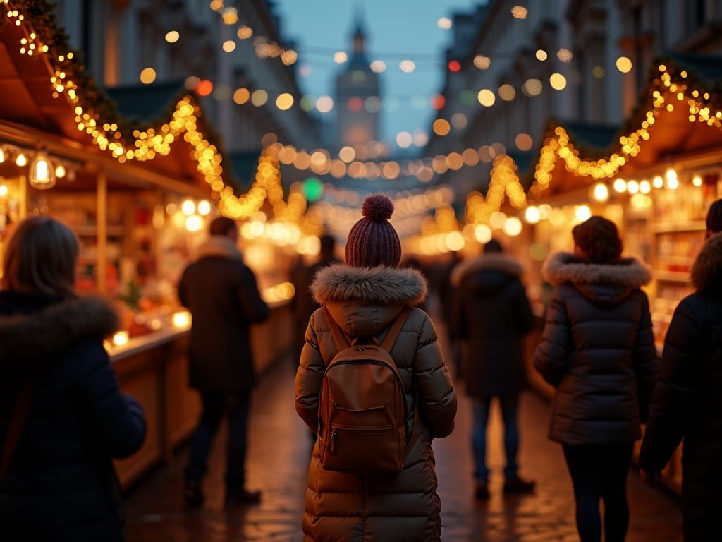 Familie românească bucurându-se de lumini festive la târg de Crăciun din Londra