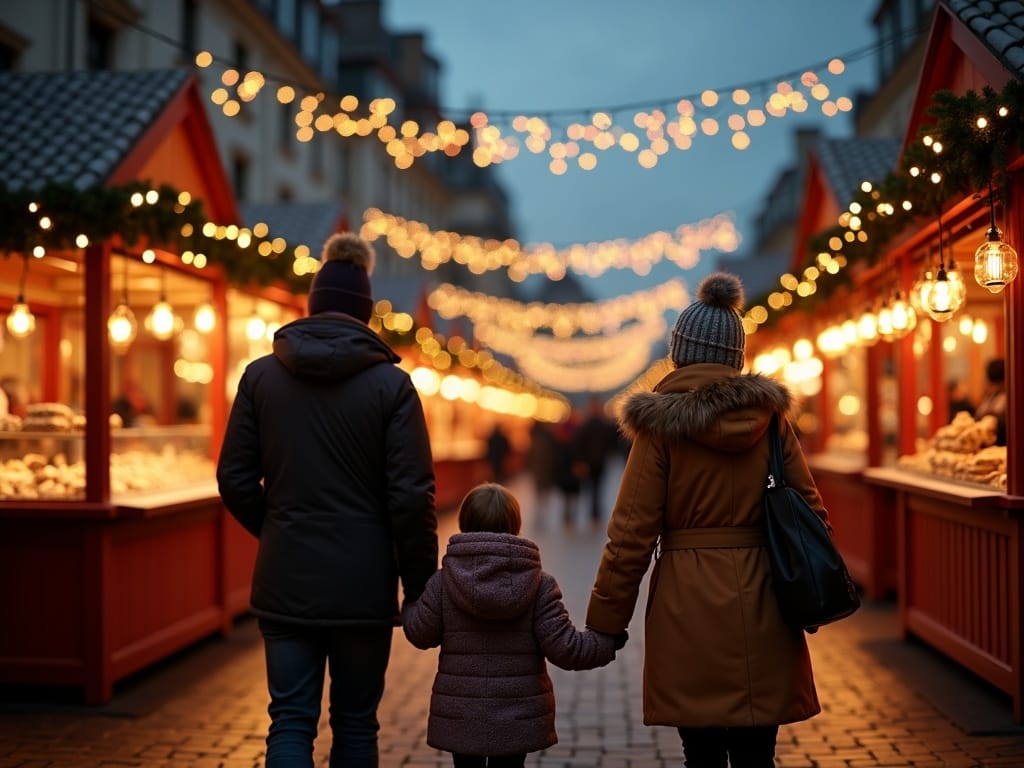 Familie românească explorând târgul de Crăciun din Londra, seara, printre lumini festive roșii, verzi și aurii