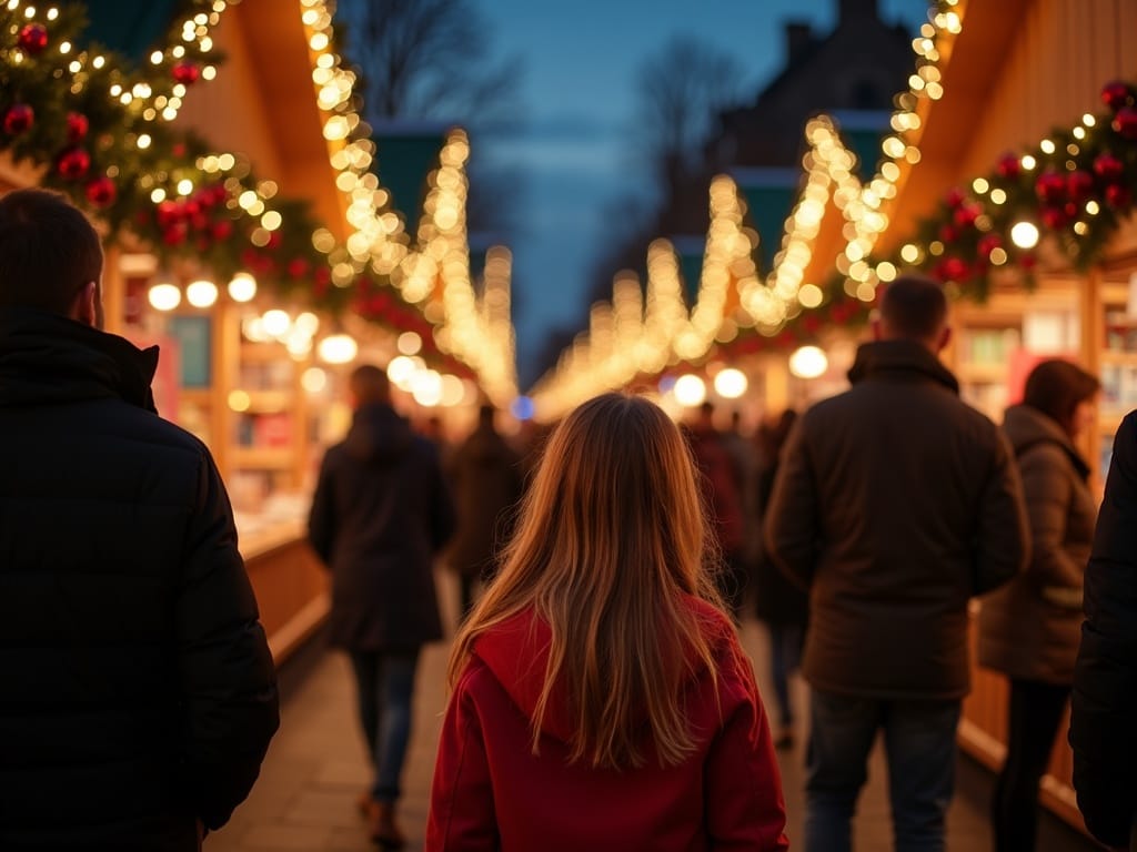 Familie românească bucurându-se de târgul de Crăciun din Londra, seara între lumini festive