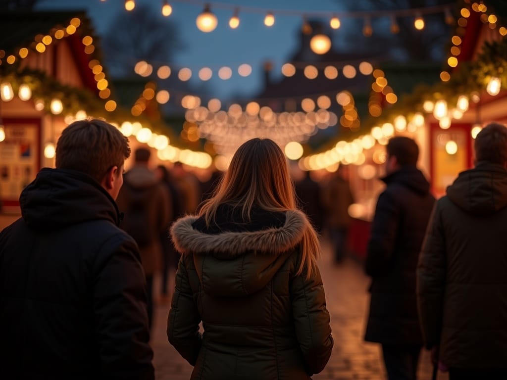 Familie de români vizitând târg de Crăciun în Marea Britanie, seara, printre luminițe festive