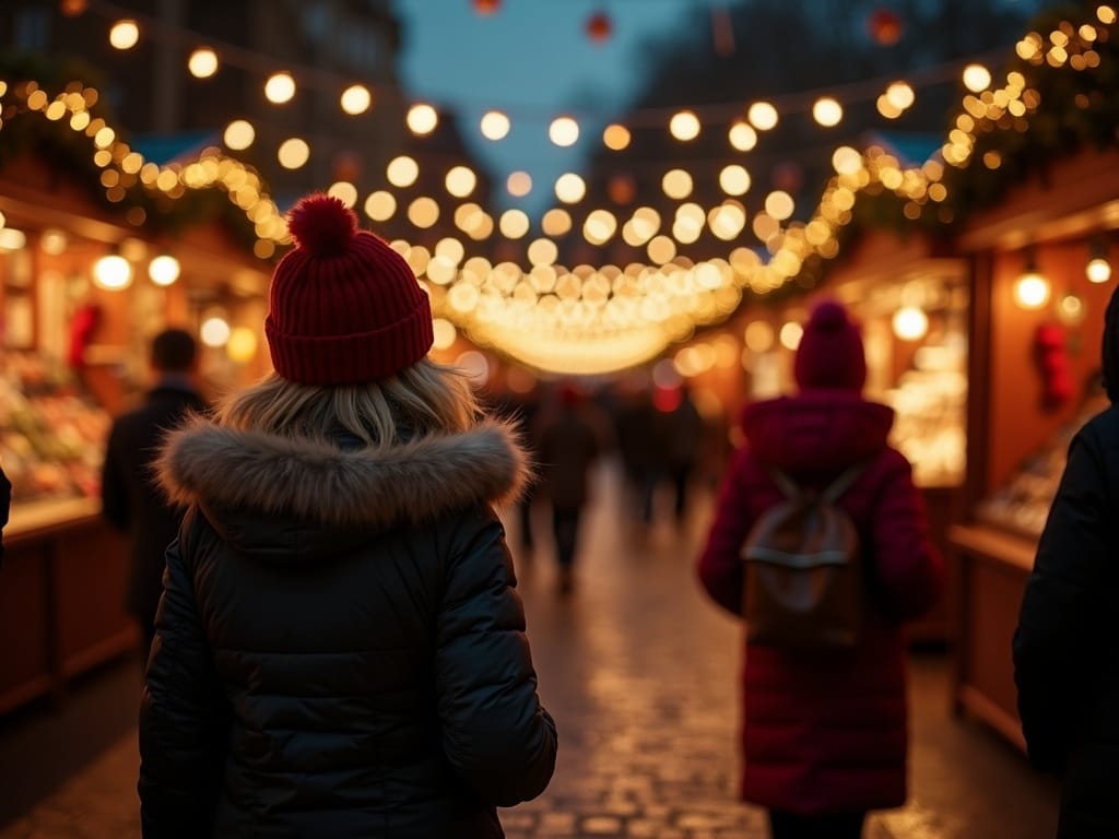 Familie românească la piață de Crăciun în Regatul Unit, luminată festiv